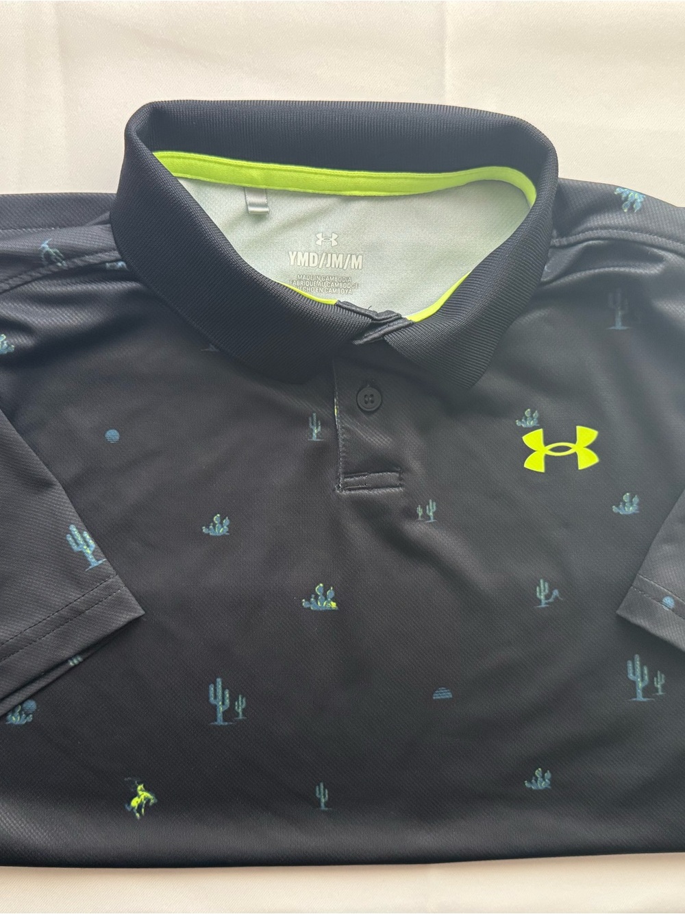 Under Armour Kid’s Black Polo with Neon Yellow Logo and Teal Cactus Print